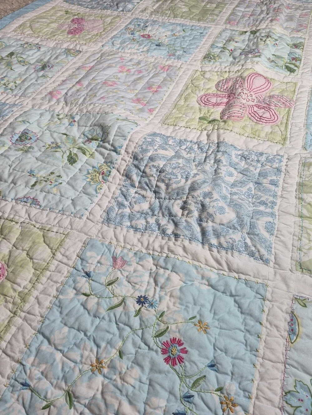 Pottery Barn Pastel Patchwork Floral Quilt in Blue, Pink, Green, Cream